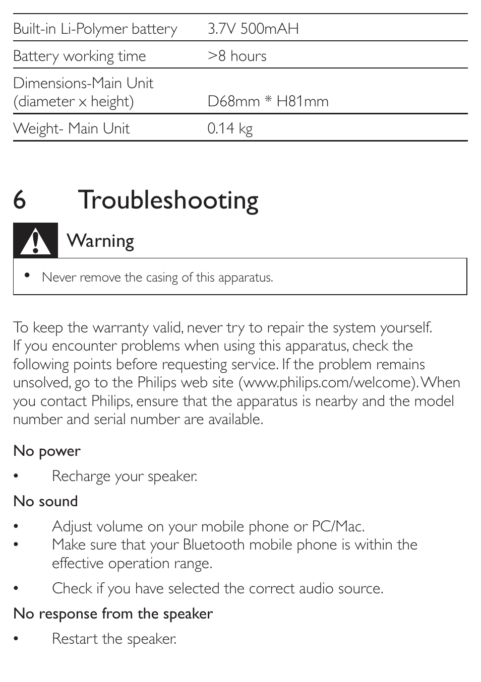 6 troubleshooting | Philips SBT30 User Manual | Page 15 / 16