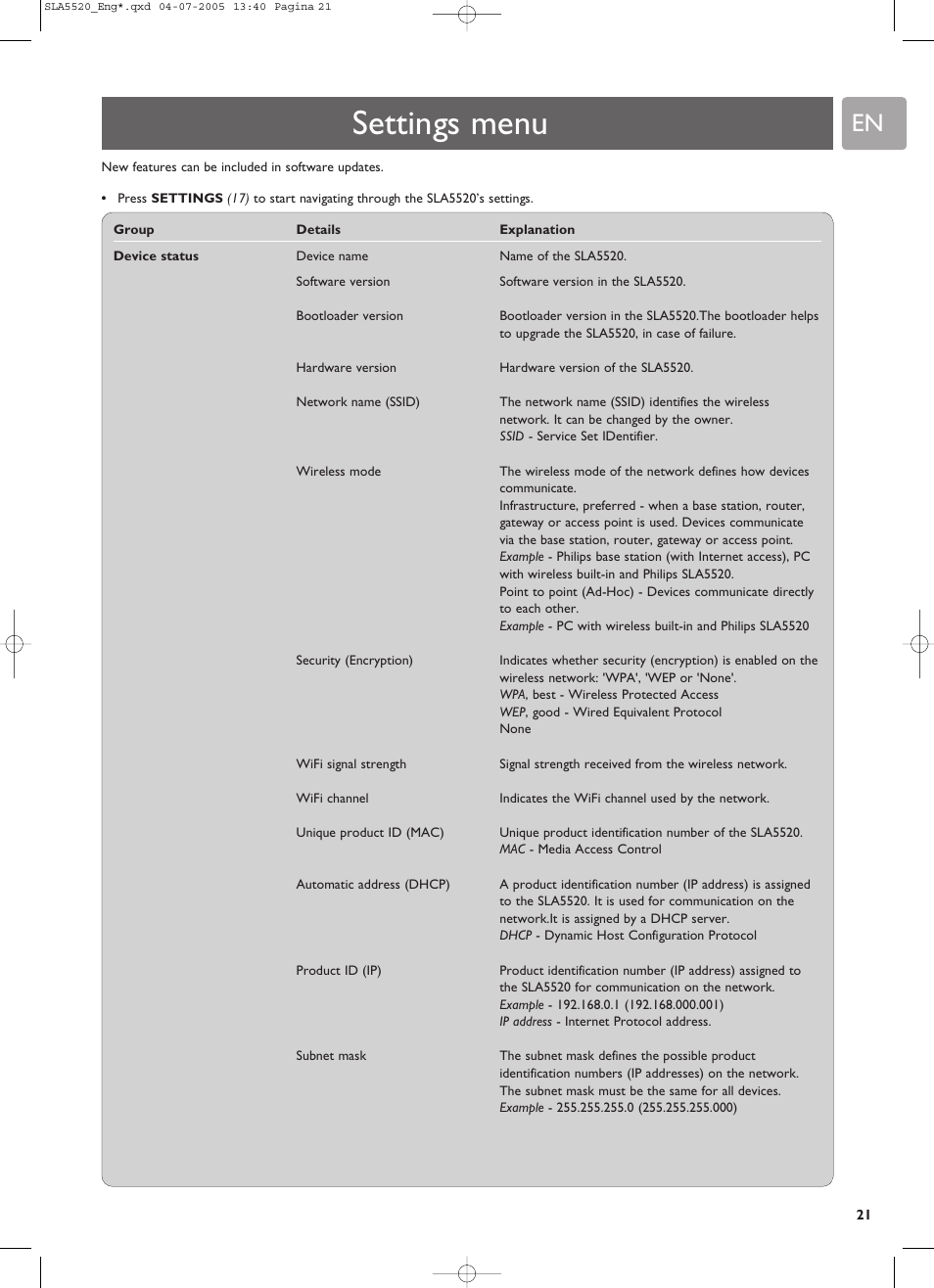 Settings menu | Philips SLA5520 User Manual | Page 21 / 40