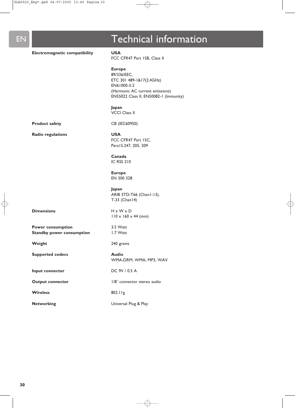 Technical information | Philips SLA5520 User Manual | Page 30 / 40