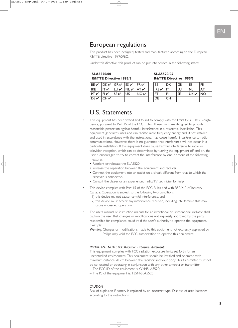 European regulations, U.s. statements | Philips SLA5520 User Manual | Page 5 / 40