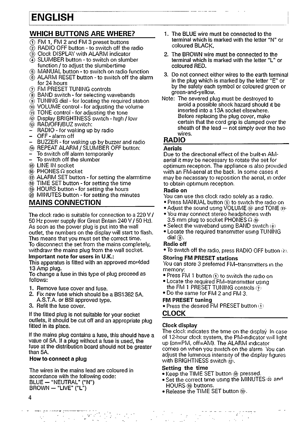 Which buttons are where, Mains coimnectioim, Radio | Clock, English | Philips AJ3712 User Manual | Page 4 / 9