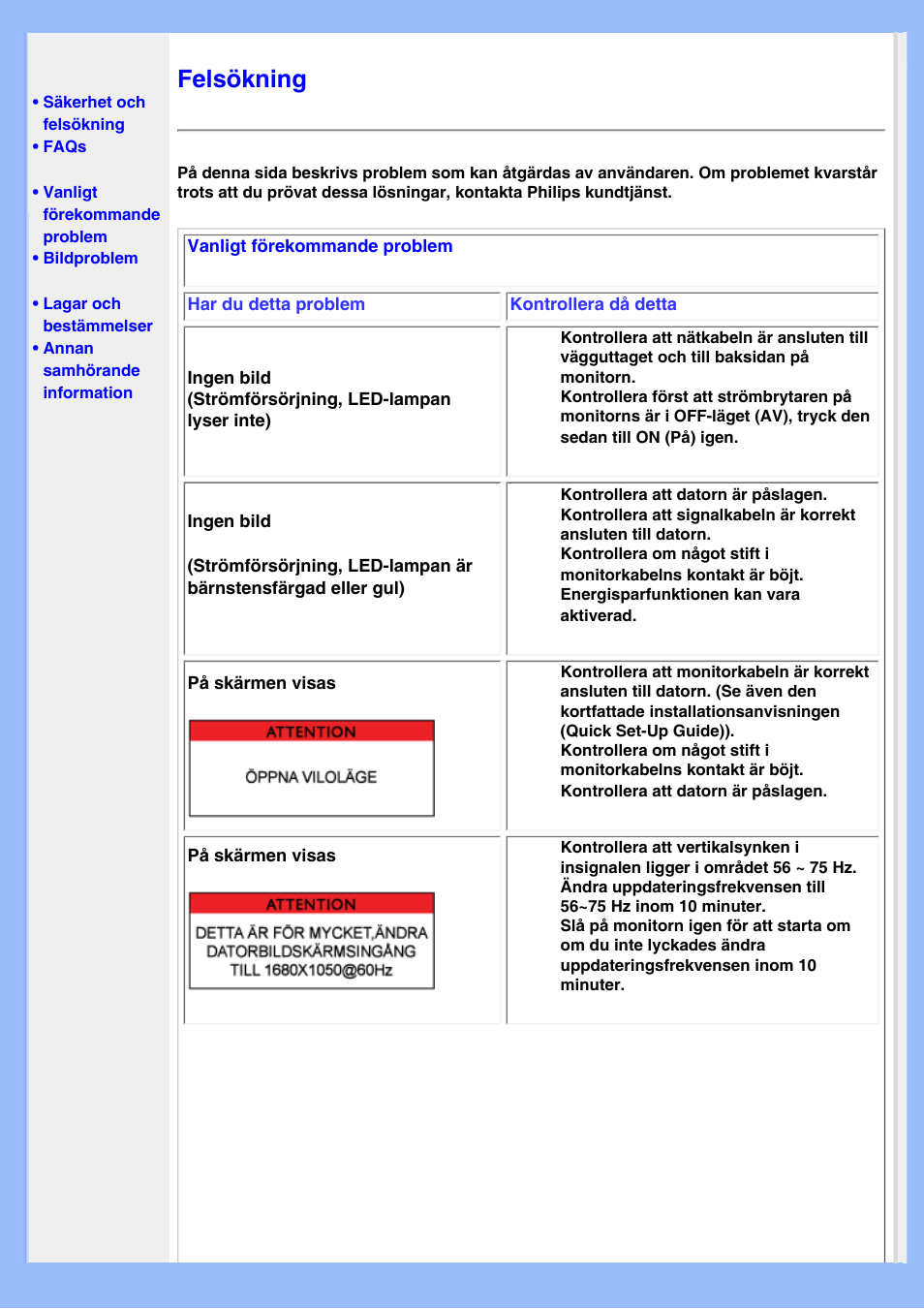 Felsökning | Philips 220EW8 User Manual | Page 12 / 88