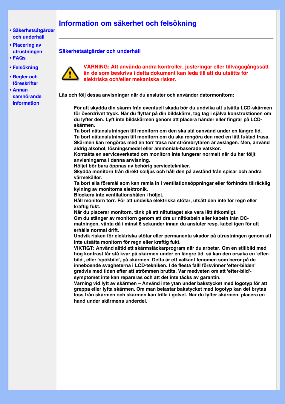 Säkerhet & felsökning, Information om säkerhet och felsökning | Philips 220EW8 User Manual | Page 2 / 88