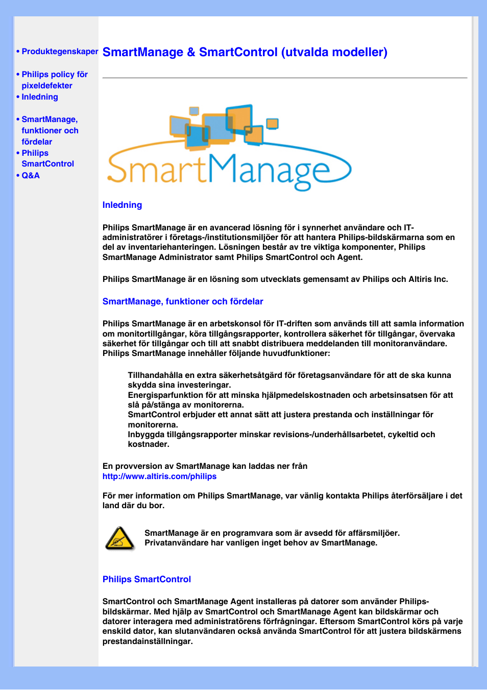 Smartmanage, Smartmanage & smartcontrol (utvalda modeller) | Philips 220EW8 User Manual | Page 38 / 88