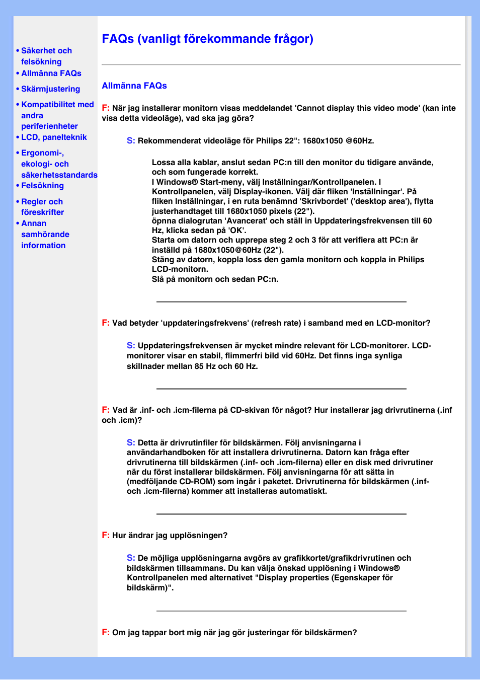 Faqs (vanligt förekommande frågor) | Philips 220EW8 User Manual | Page 5 / 88