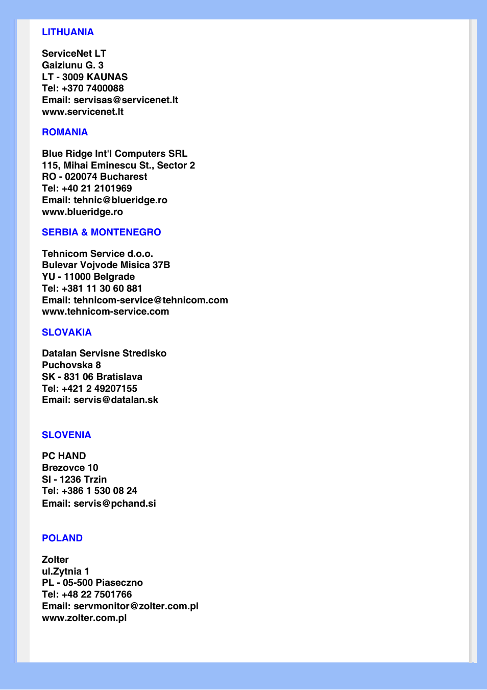 Lithuania, Romania, Serbia & montenegro | Slovakia, Slovenia | Philips 220EW8 User Manual | Page 65 / 88