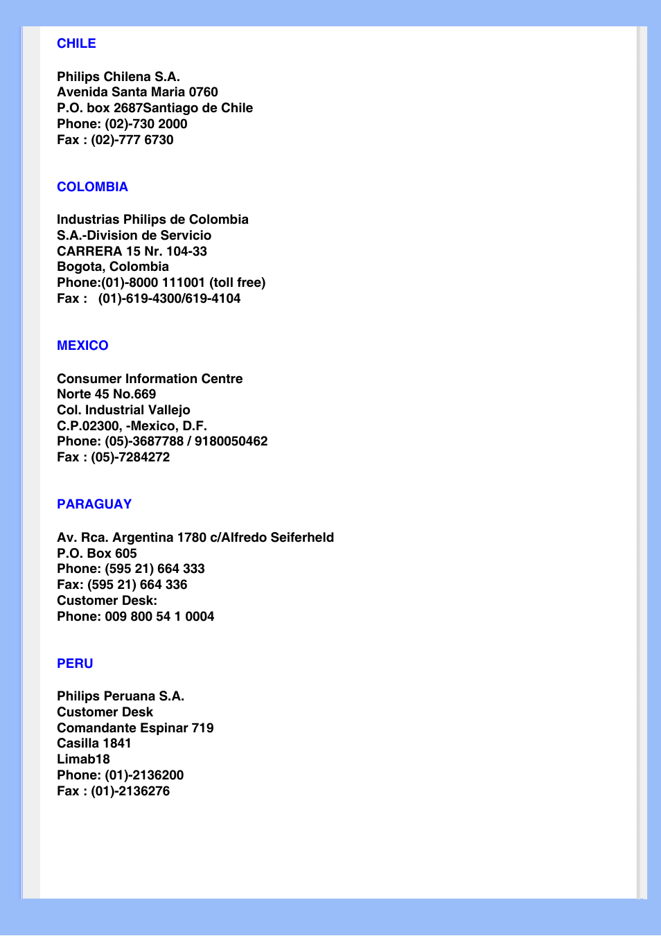 Chile, Colombia, Mexico | Paraguay, Peru | Philips 220EW8 User Manual | Page 67 / 88