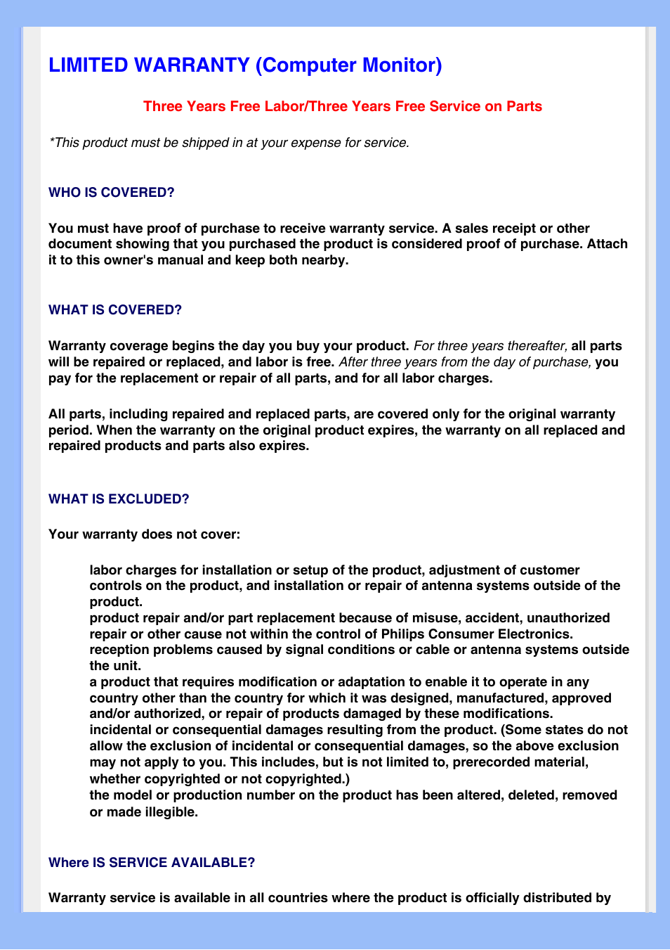 United states guarantee, Kanada, Limited warranty (computer monitor) | Philips 220EW8 User Manual | Page 75 / 88