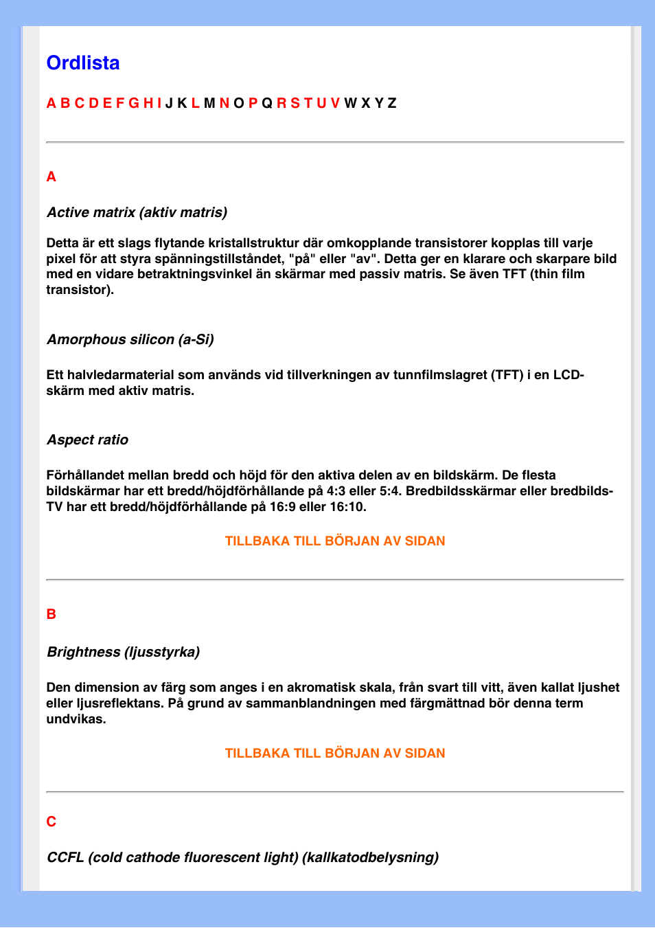 Ordlista, Definierar tekniska termer | Philips 220EW8 User Manual | Page 78 / 88