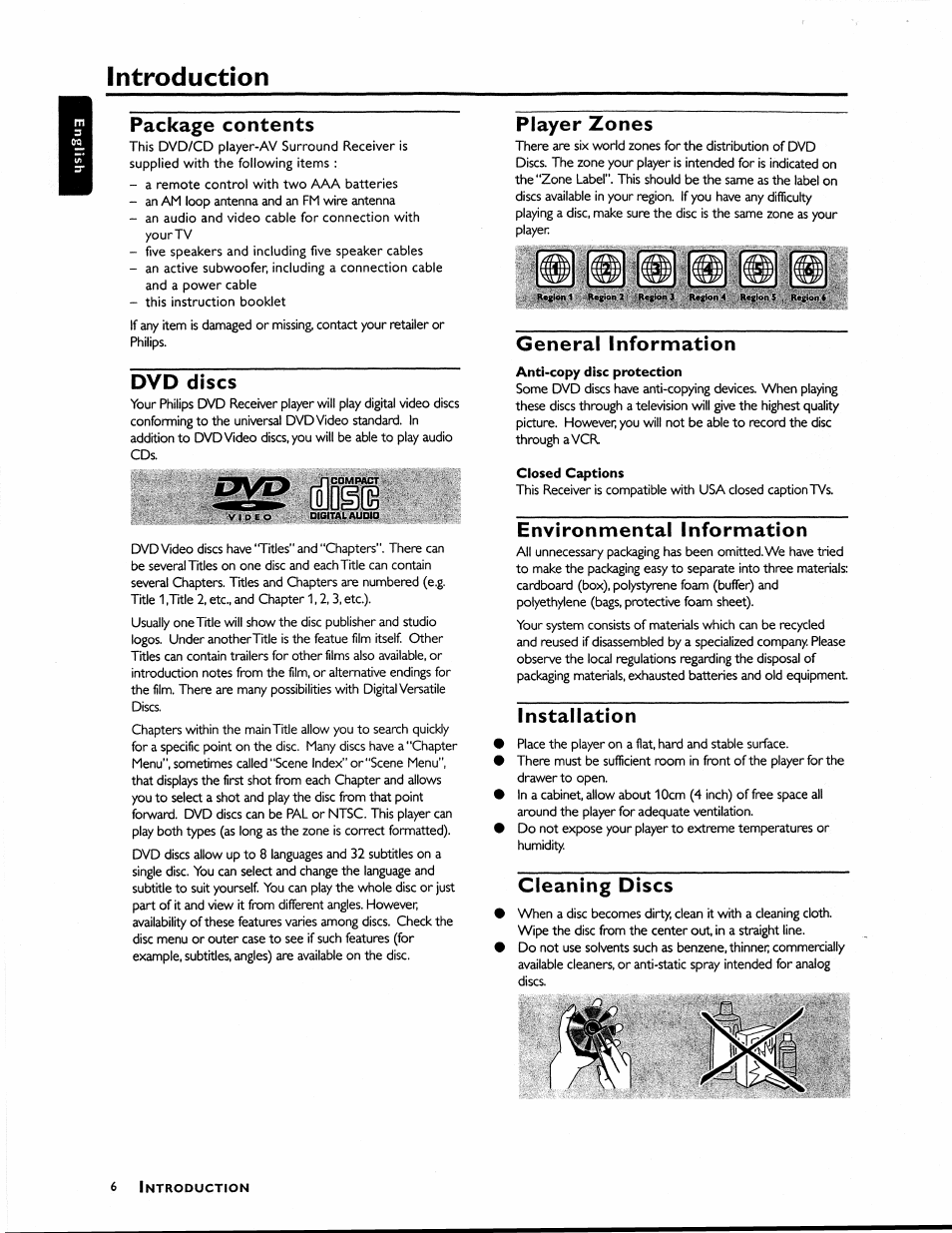 Package contents, Player zones, Dvd discs | General information, Environmental information, Installation, Cleaning discs, Introduction | Philips MX1055D37 User Manual | Page 11 / 42