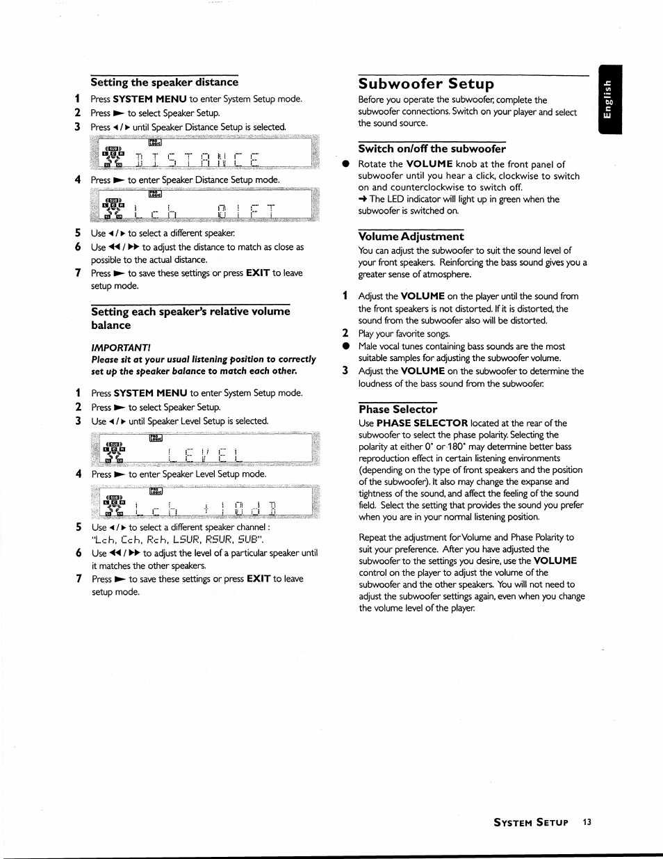 Setting the speaker distance, Setting each speaker’s relative volume balance, Subwoofer setup | Switch on/off the subwoofer, Volume adjustment, Phase selector, Rch, lsur, rsur | Philips MX1055D37 User Manual | Page 25 / 42