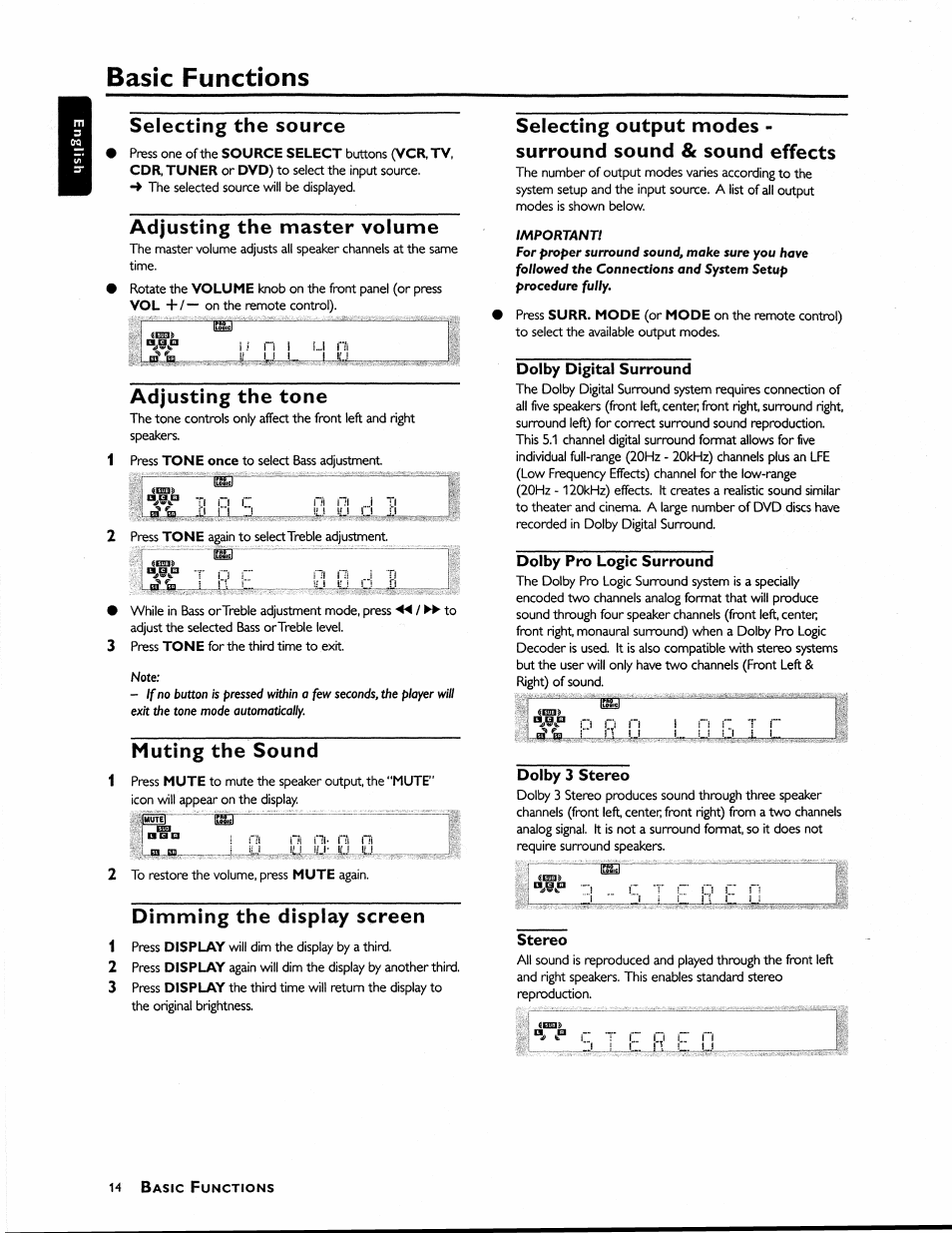 Selecting the source, Adjusting the master volume, Adjusting the tone | Muting the sound, Dimming the display screen, Dolby digital surround, Dolby pro logic surround, Dolby 3 stereo, Stereo, Basic functions | Philips MX1055D37 User Manual | Page 26 / 42