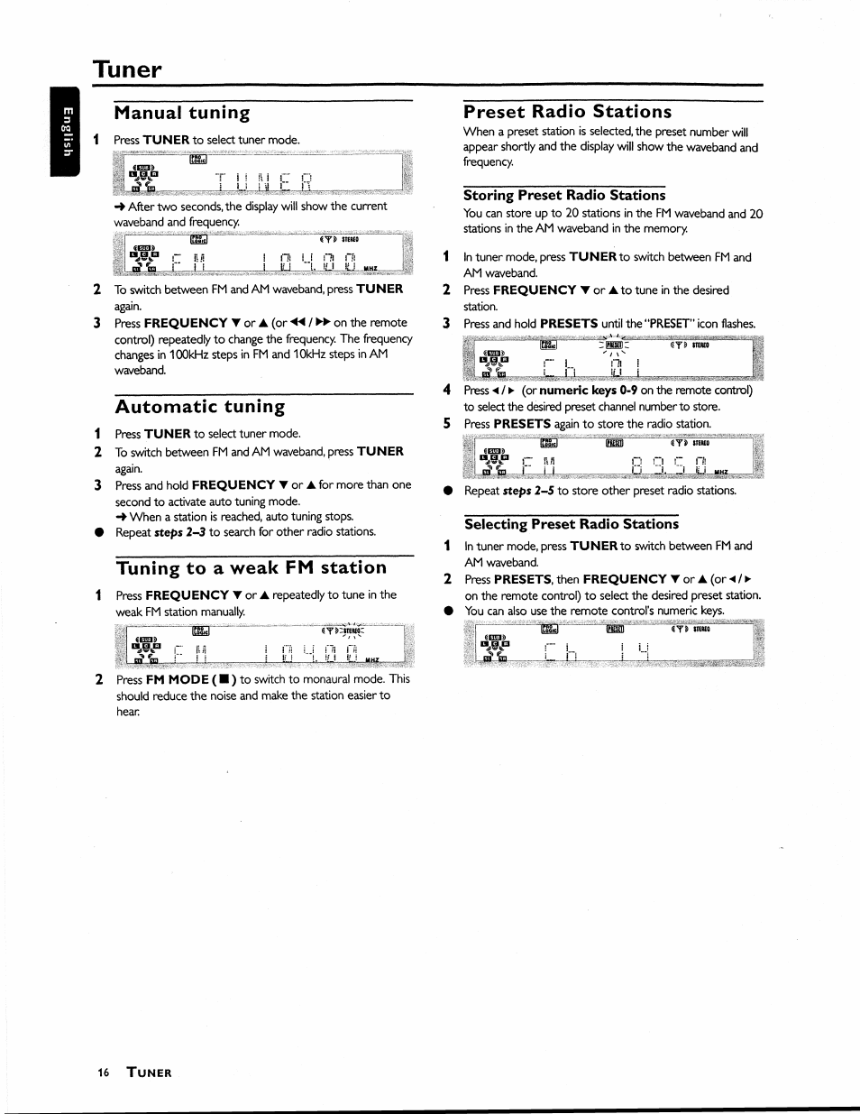 Automatic tuning, Tuning to a weak fm station, Preset radio stations | Storing preset radio stations, Selecting preset radio stations, Tuner, Manual tuning | Philips MX1055D37 User Manual | Page 28 / 42