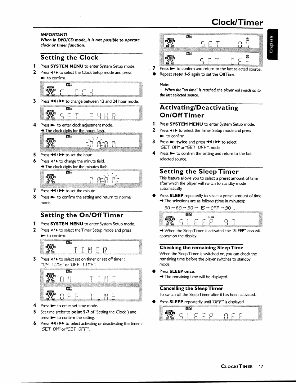 Setting the clock, Setting the on/off timer, Activating/deactivating | On/offtimer, Setting the sleep timer, Checking the remaining sleep time, Cancelling the sleep timer, Clock/timer, Activating/deactivating on/offtimer | Philips MX1055D37 User Manual | Page 29 / 42