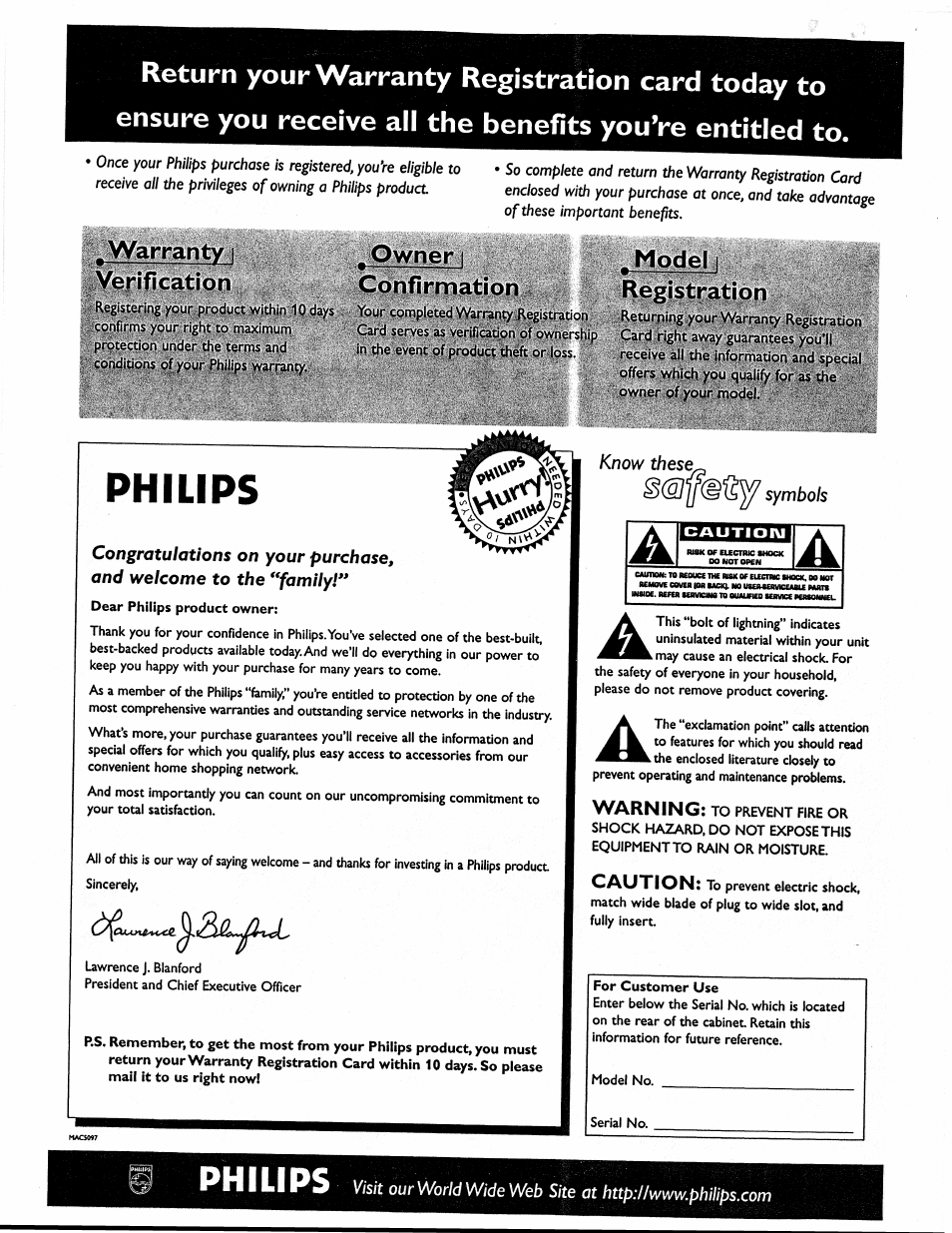 Philips, Warranty i verification, Owner | Confirmation, Model 1 registration | Philips MX1055D37 User Manual | Page 3 / 42