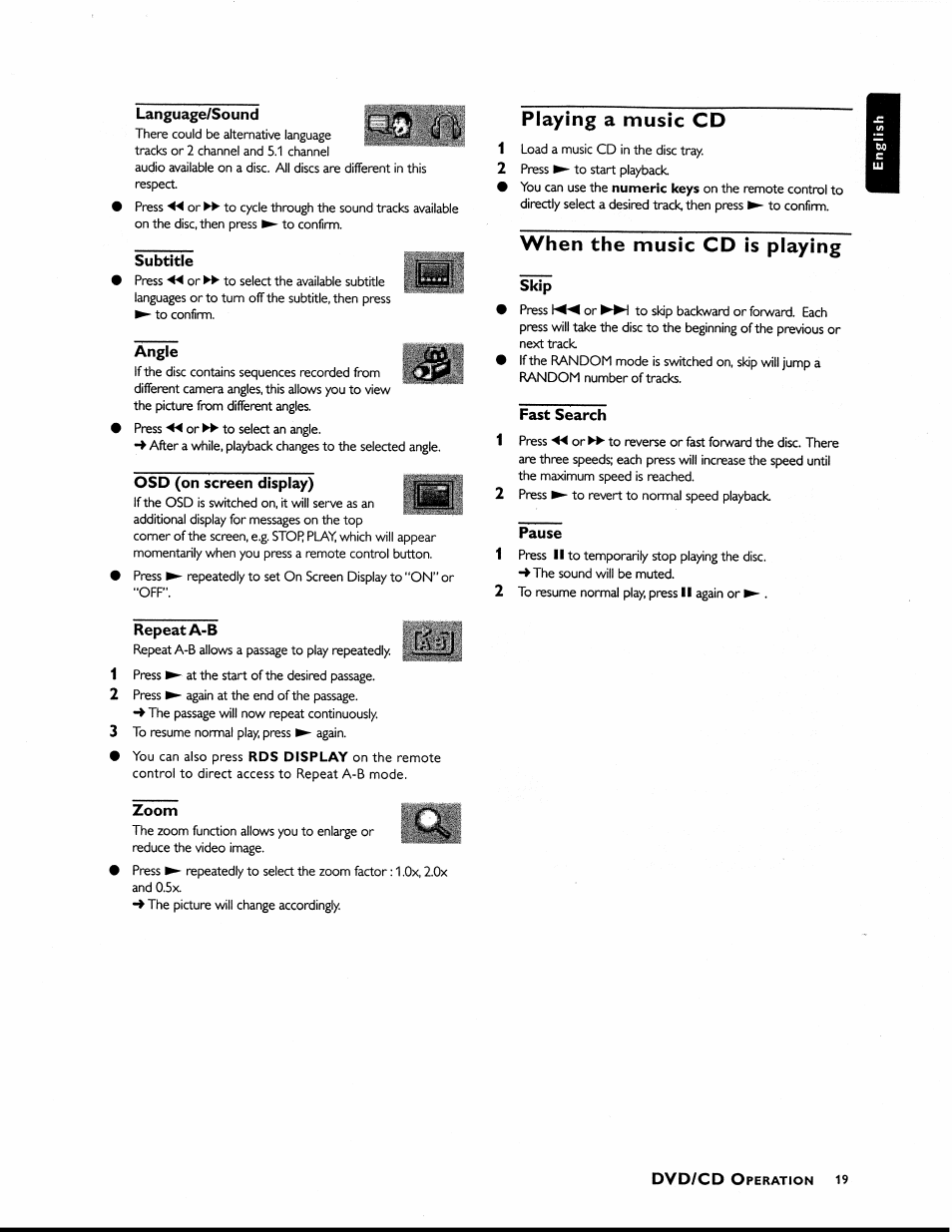 Language/sound, Subtitle, Angle | Osd (on screen display), Playing a music cd, When the music cd is playing, Skip, Fast search, Pause, Repeat a-b | Philips MX1055D37 User Manual | Page 31 / 42