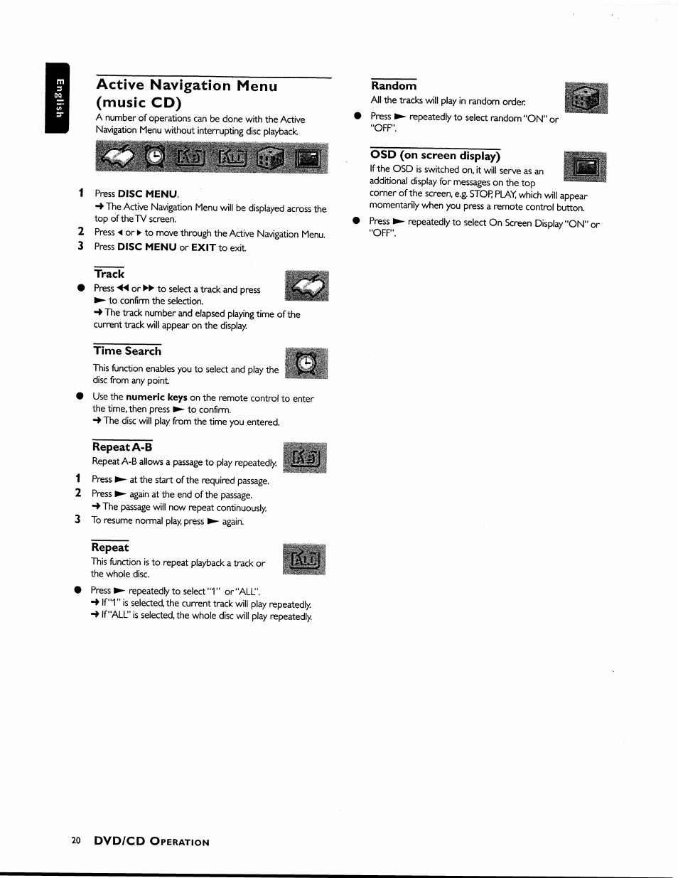 Active navigation menu (music cd), Random, Osd (on screen display) | Track, Time search, Repeat a-b, Repeat, Dvd/cd | Philips MX1055D37 User Manual | Page 32 / 42