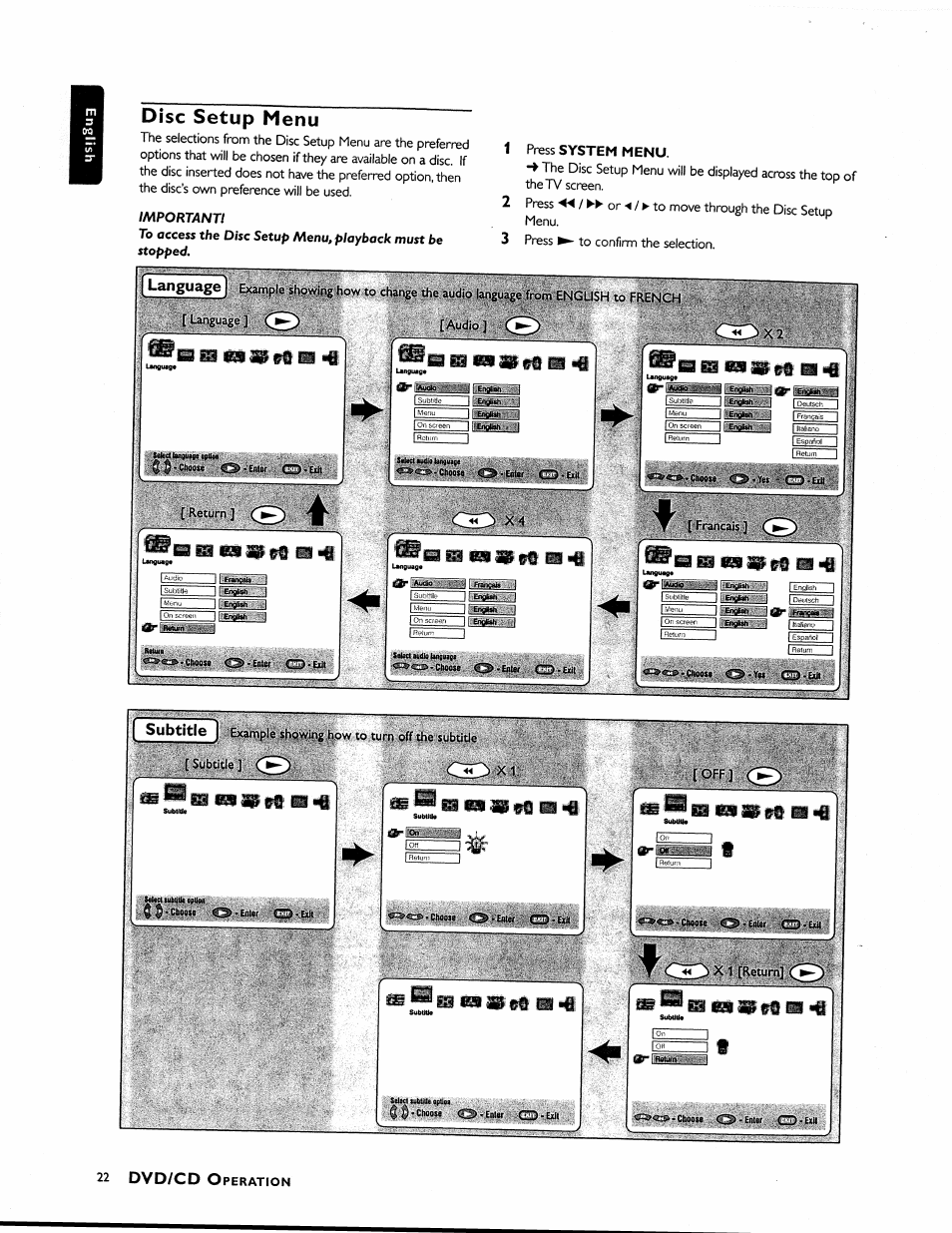 Bb blbfi n>i, Disc setup menu, Dvd/cd | Language | Philips MX1055D37 User Manual | Page 34 / 42