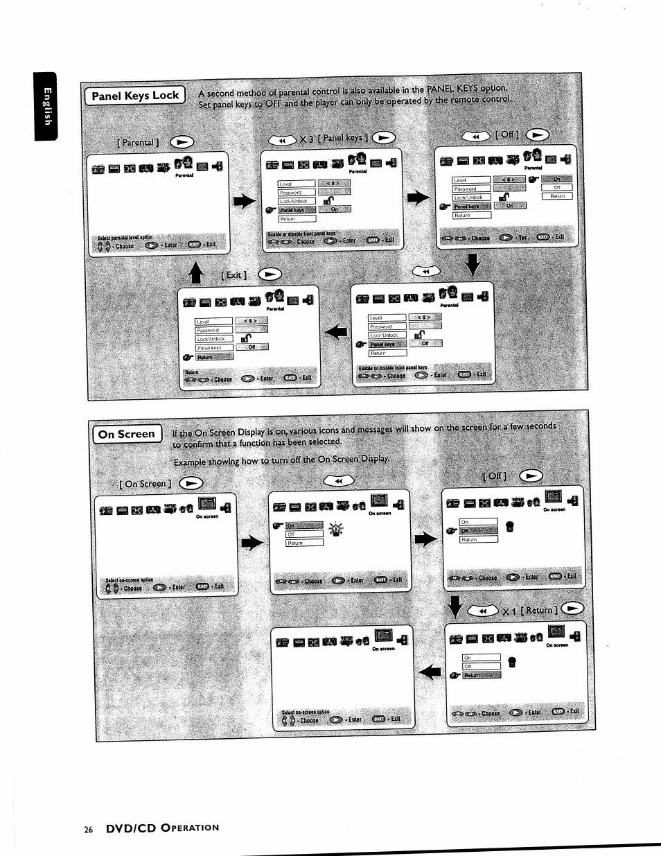 It [exit, On screen, Dvd/cd | Panel keys lock, J level □ [ <8 > 1 jp-6v.o'-(: j! j 1 l, Iht-jir, 1 return 1 | Philips MX1055D37 User Manual | Page 38 / 42