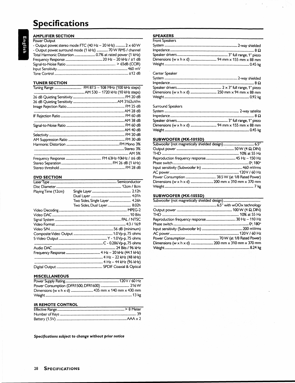 Specifications | Philips MX1055D37 User Manual | Page 40 / 42