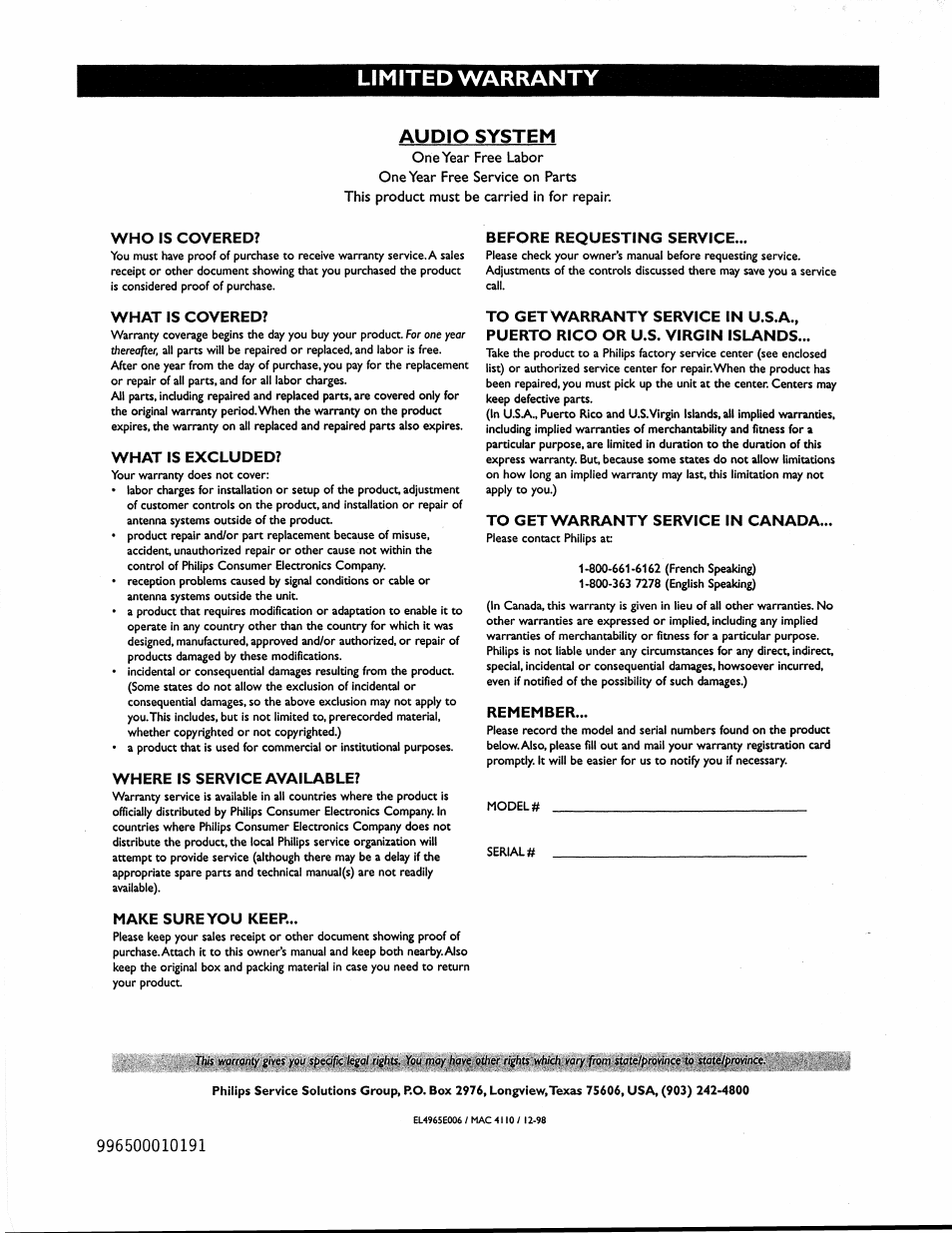 Limited warranty, Who is covered, What is covered | What is excluded, Where is service available, Make sure you keep, Before requesting service, To get warranty service in canada, Remember, Limited warranty audio system | Philips MX1055D37 User Manual | Page 42 / 42