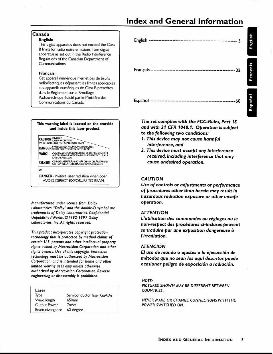 Canada, English, Français | Español, Index and general information | Philips MX1055D37 User Manual | Page 5 / 42