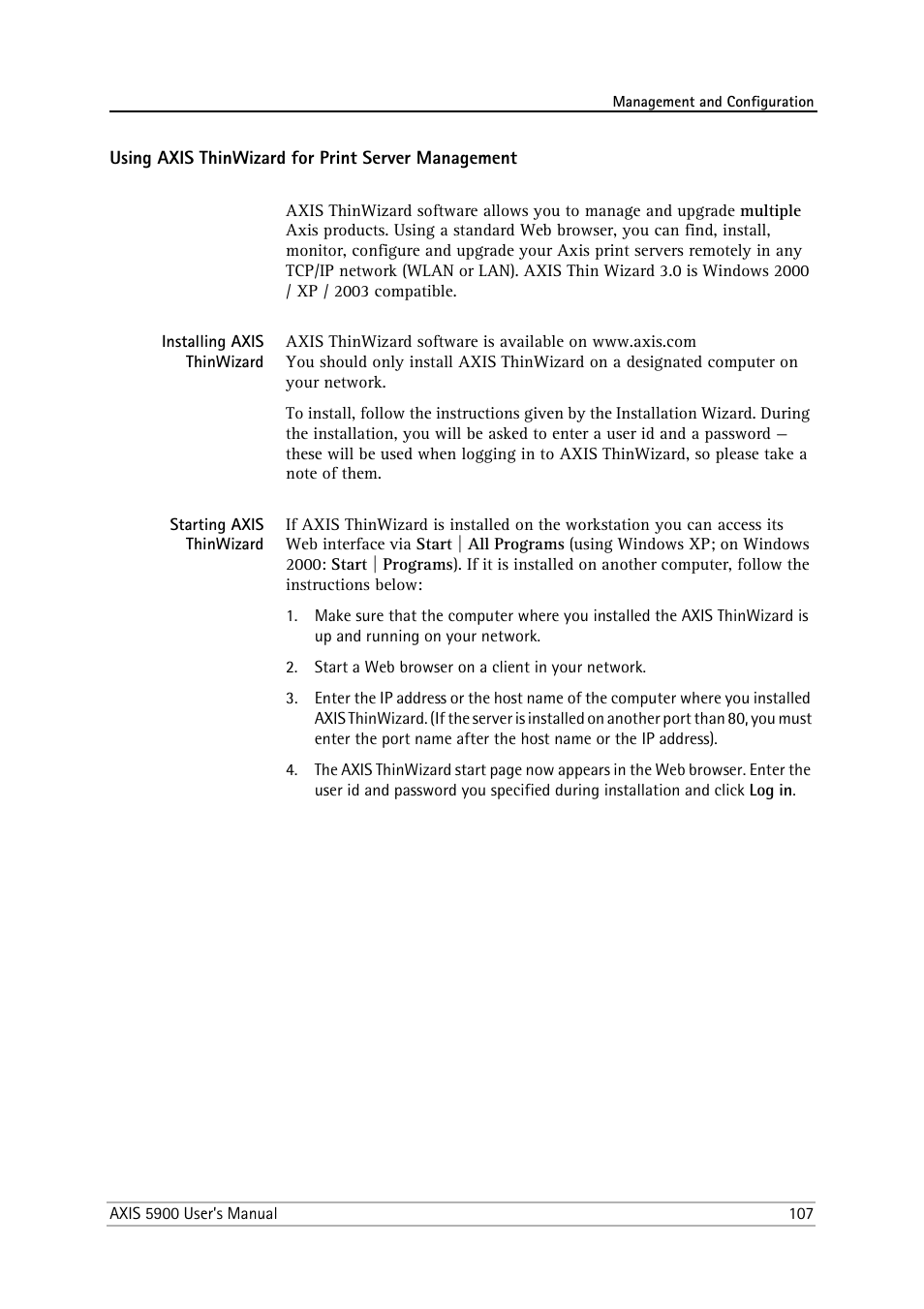 Using axis thinwizard for print server management, Installing axis thinwizard, Starting axis thinwizard | Philips AXIS 5900 User Manual | Page 107 / 160
