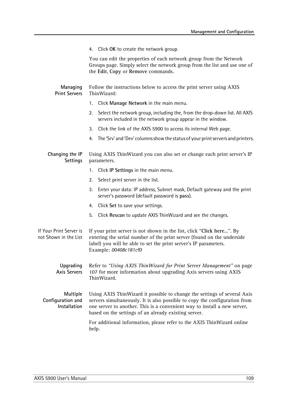 Managing print servers, Changing the ip settings, Upgrading axis servers | Multiple configuration and installation | Philips AXIS 5900 User Manual | Page 109 / 160