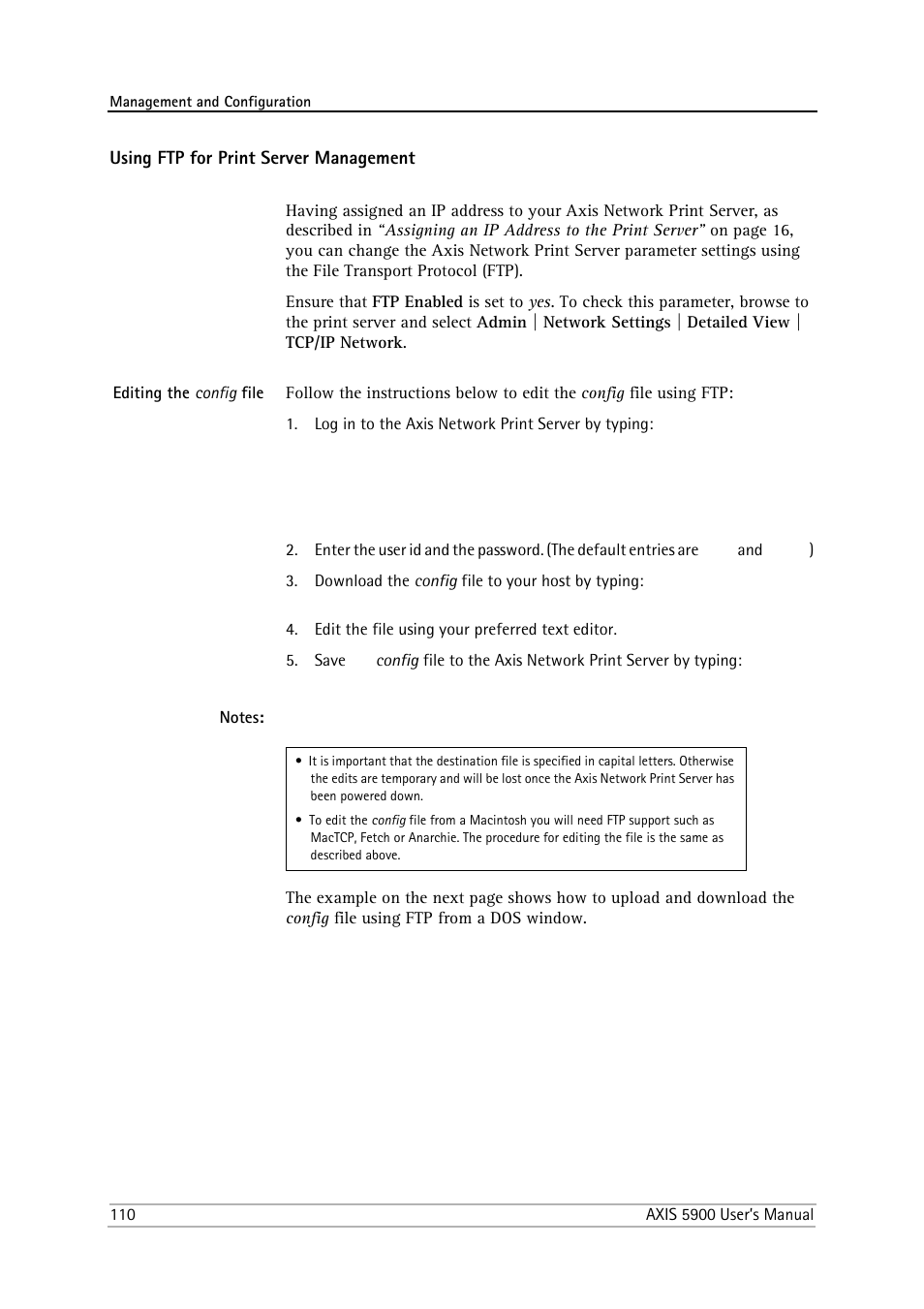 Using ftp for print server management, Editing the config file | Philips AXIS 5900 User Manual | Page 110 / 160