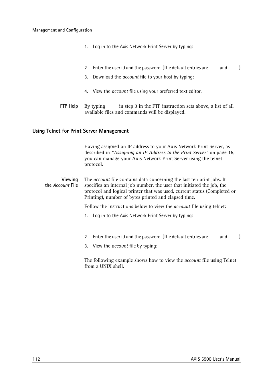 Ftp help, Using telnet for print server management, Viewing the account file | Philips AXIS 5900 User Manual | Page 112 / 160