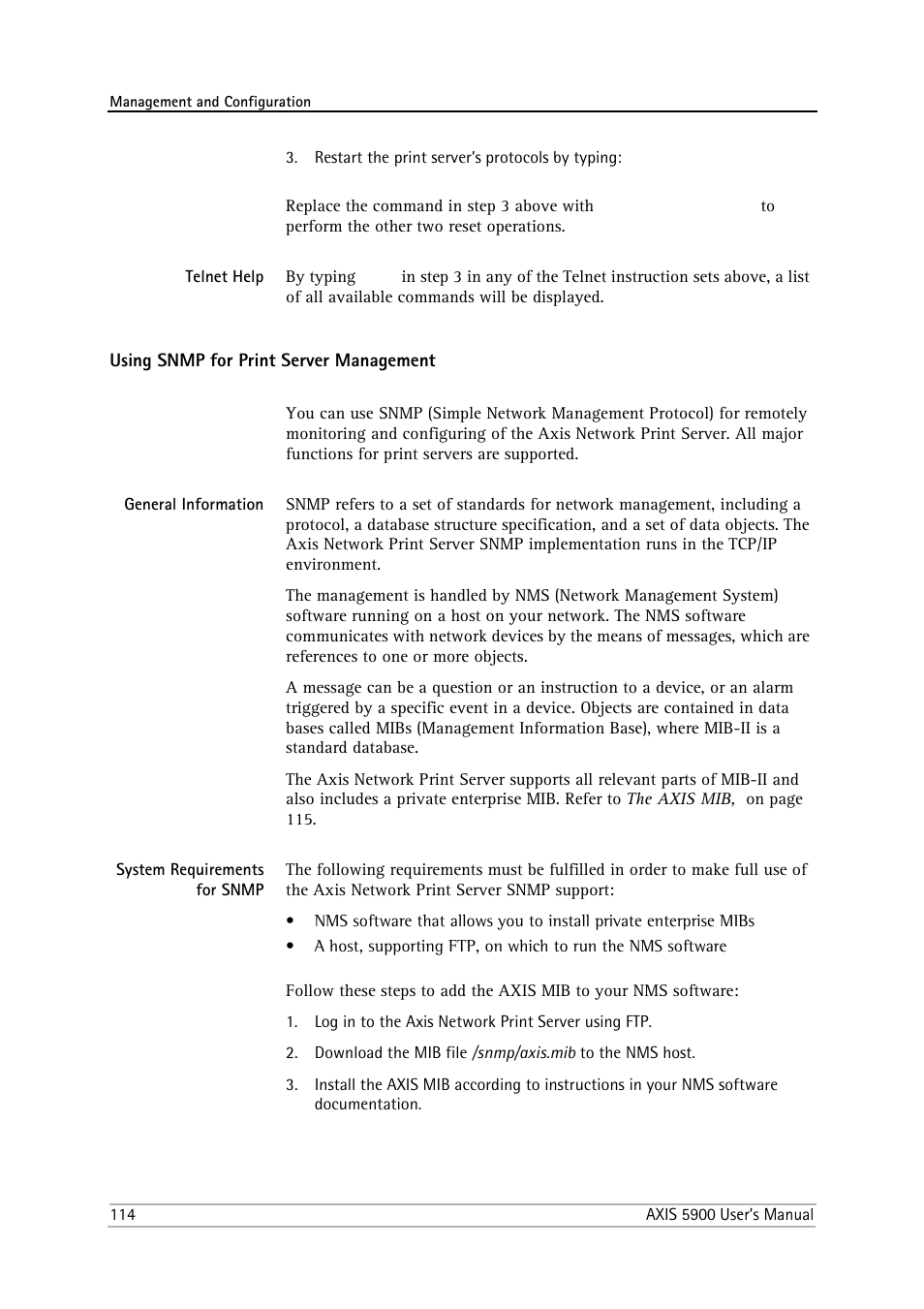 Telnet help, Using snmp for print server management, General information | System requirements for snmp | Philips AXIS 5900 User Manual | Page 114 / 160