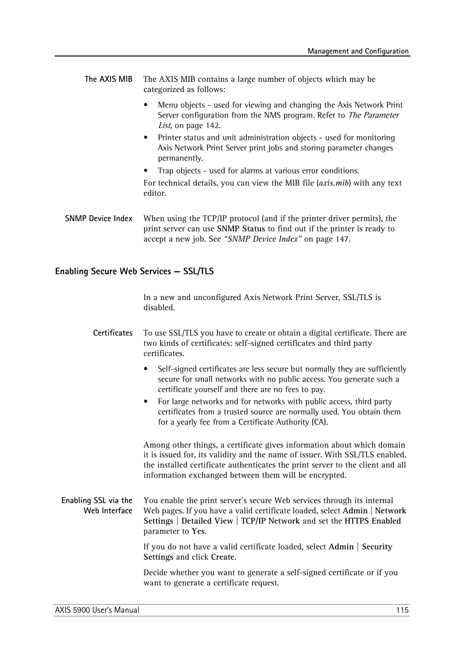 The axis mib, Snmp device index, Enabling secure web services - ssl/tls | Certificates, Enabling ssl via the web interface, Enabling secure web services — ssl/tls | Philips AXIS 5900 User Manual | Page 115 / 160