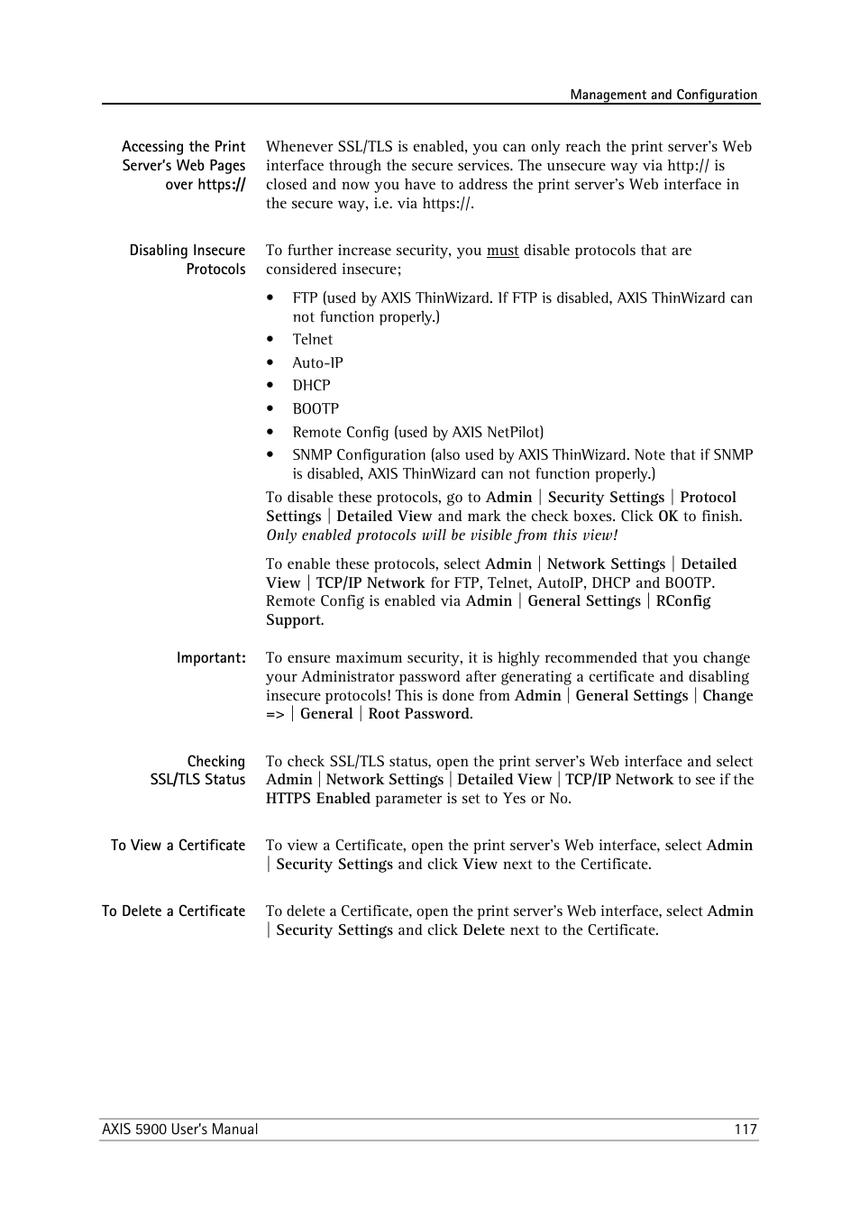 Disabling insecure protocols, Checking ssl/tls status, To view a certificate | To delete a certificate | Philips AXIS 5900 User Manual | Page 117 / 160