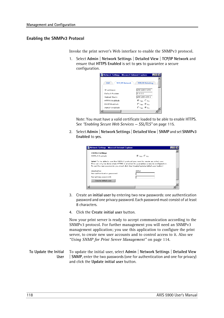 Enabling the snmpv3 protocol, To update the initial user | Philips AXIS 5900 User Manual | Page 118 / 160