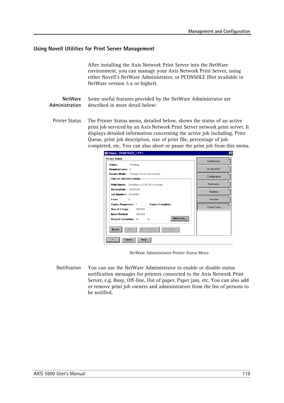 Using novell utilities for print server management, Netware administration | Philips AXIS 5900 User Manual | Page 119 / 160