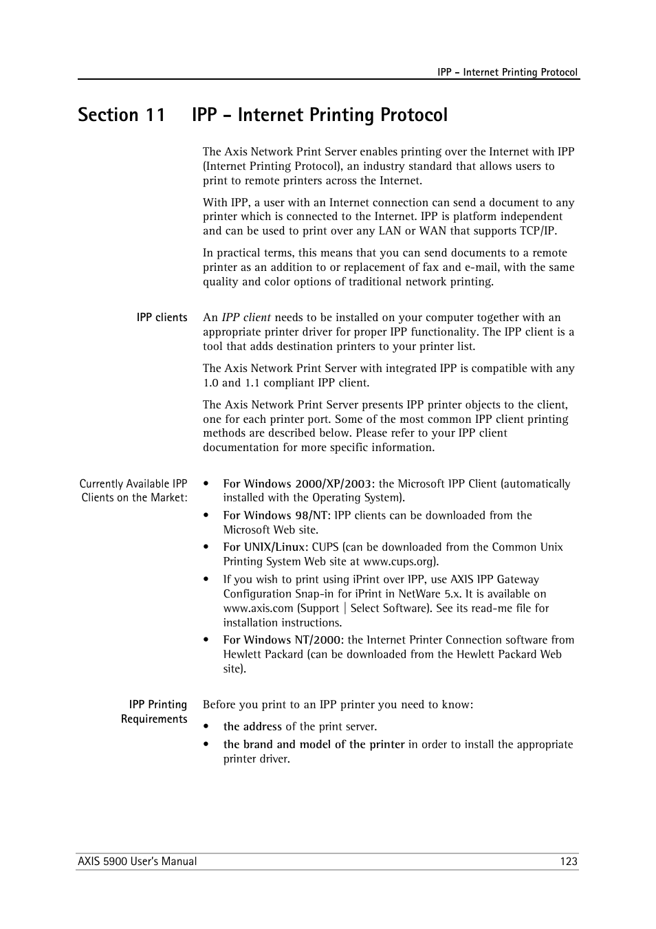 Section 11 ipp - internet printing protocol, Ipp clients, Ipp printing requirements | Section 11, Ipp - internet printing protocol | Philips AXIS 5900 User Manual | Page 123 / 160