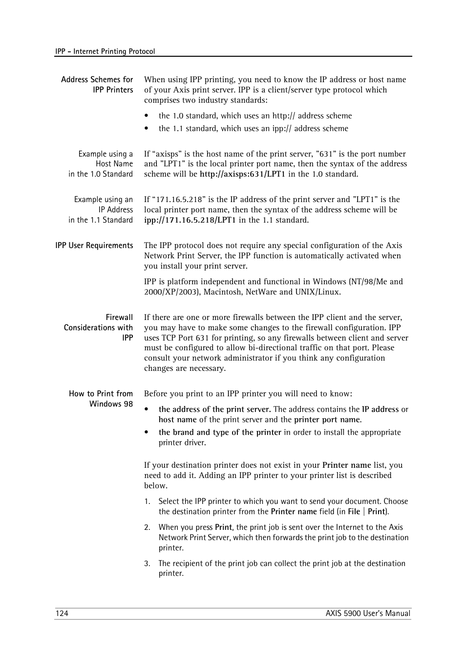 Address schemes for ipp printers, Ipp user requirements, Firewall considerations with ipp | How to print from windows 98 | Philips AXIS 5900 User Manual | Page 124 / 160