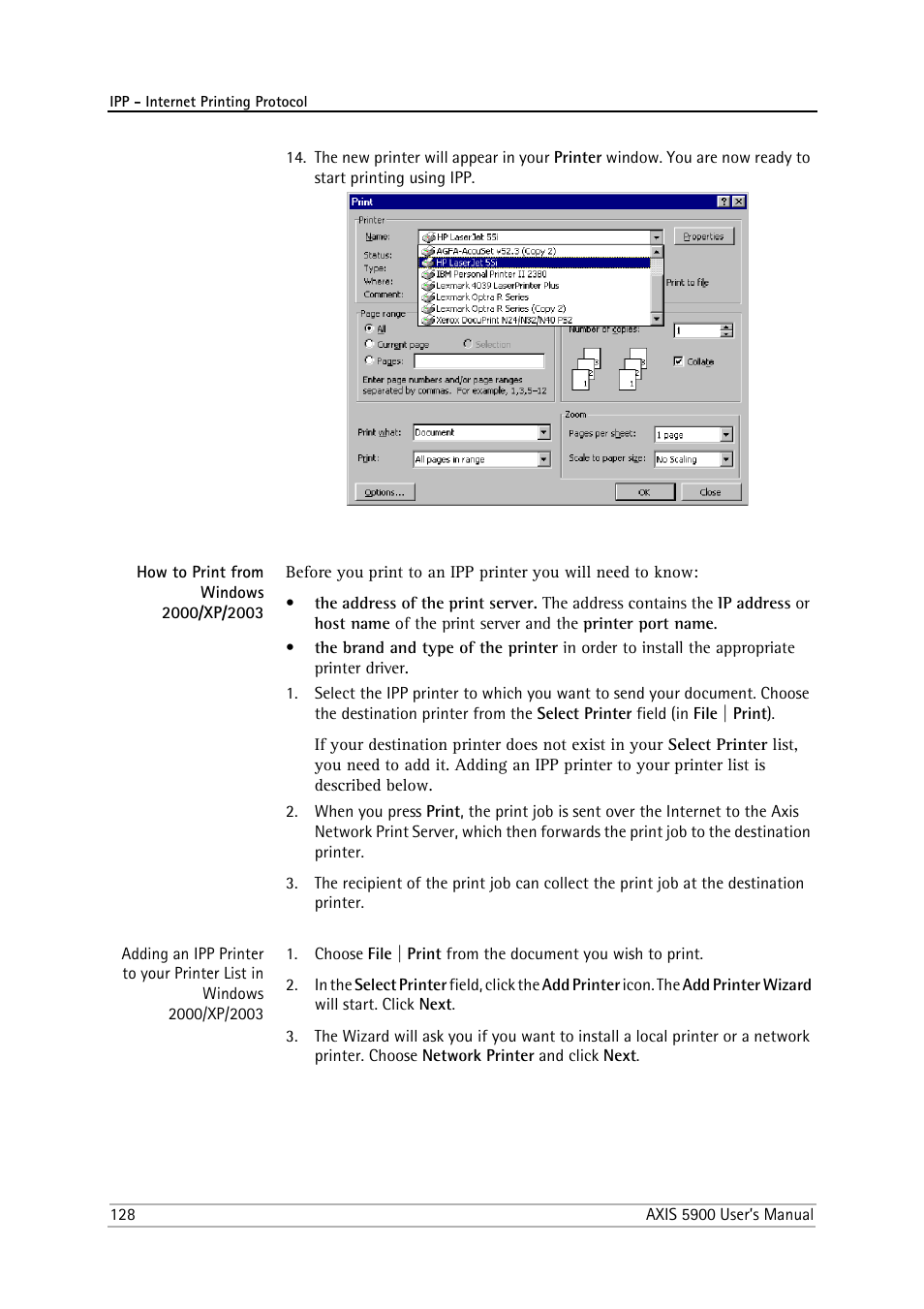 How to print from windows 2000/xp/2003 | Philips AXIS 5900 User Manual | Page 128 / 160