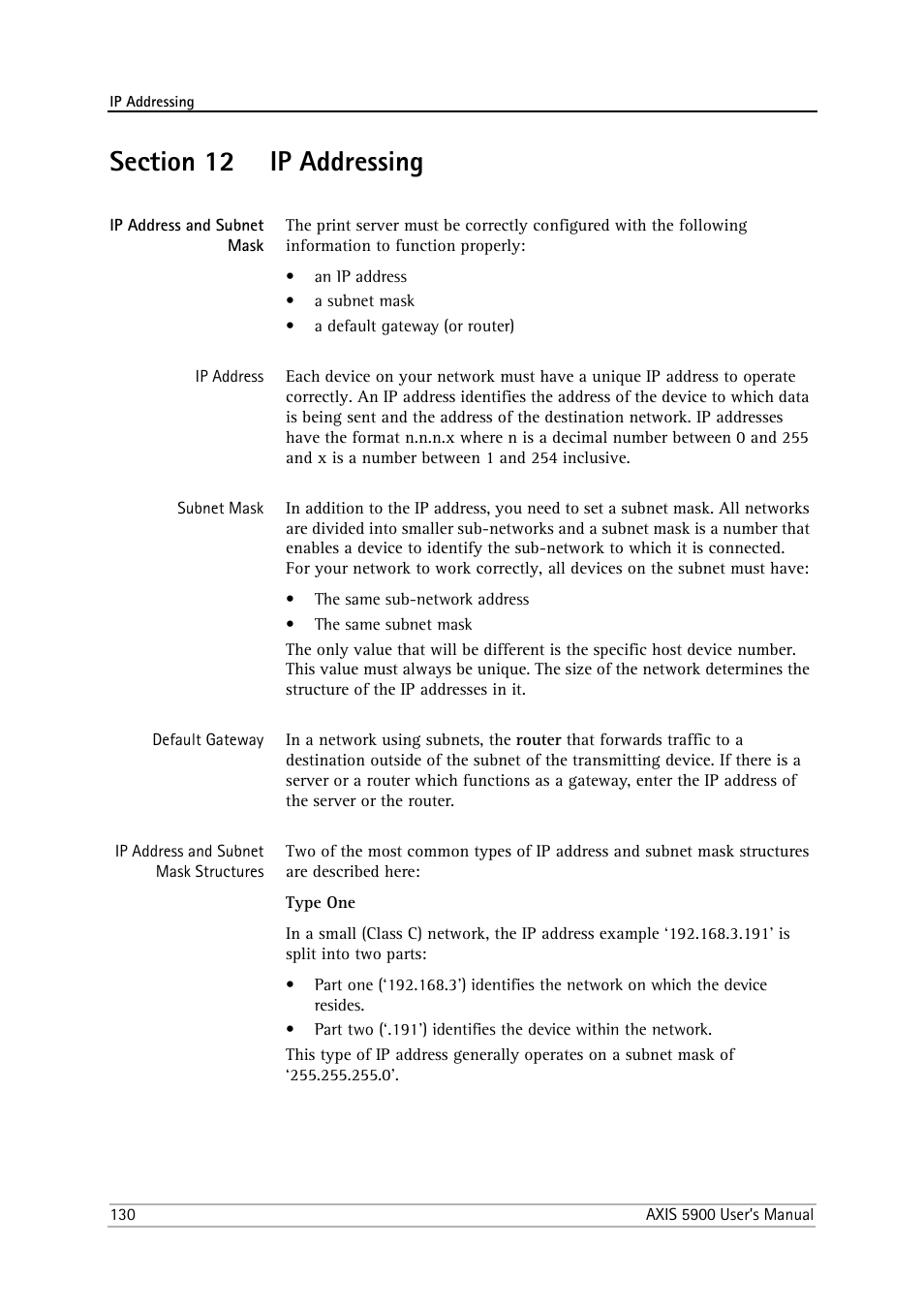 Section 12 ip addressing, Ip address and subnet mask, Section 12 | Ip addressing | Philips AXIS 5900 User Manual | Page 130 / 160