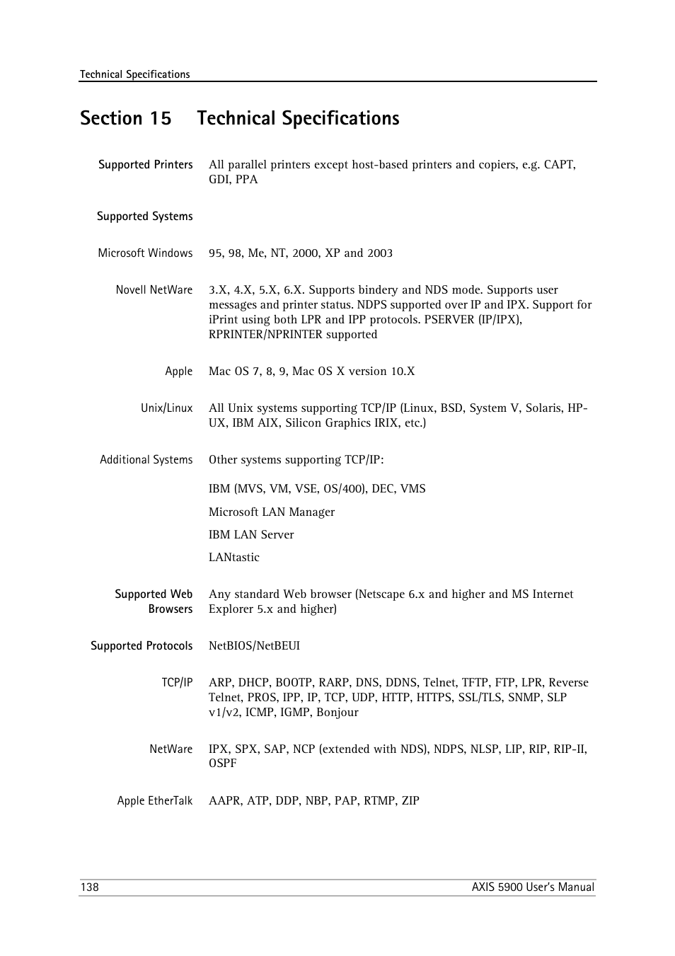 Section 15 technical specifications, Supported printers, Supported systems | Supported web browsers, Supported protocols, Section 15, Technical specifications | Philips AXIS 5900 User Manual | Page 138 / 160