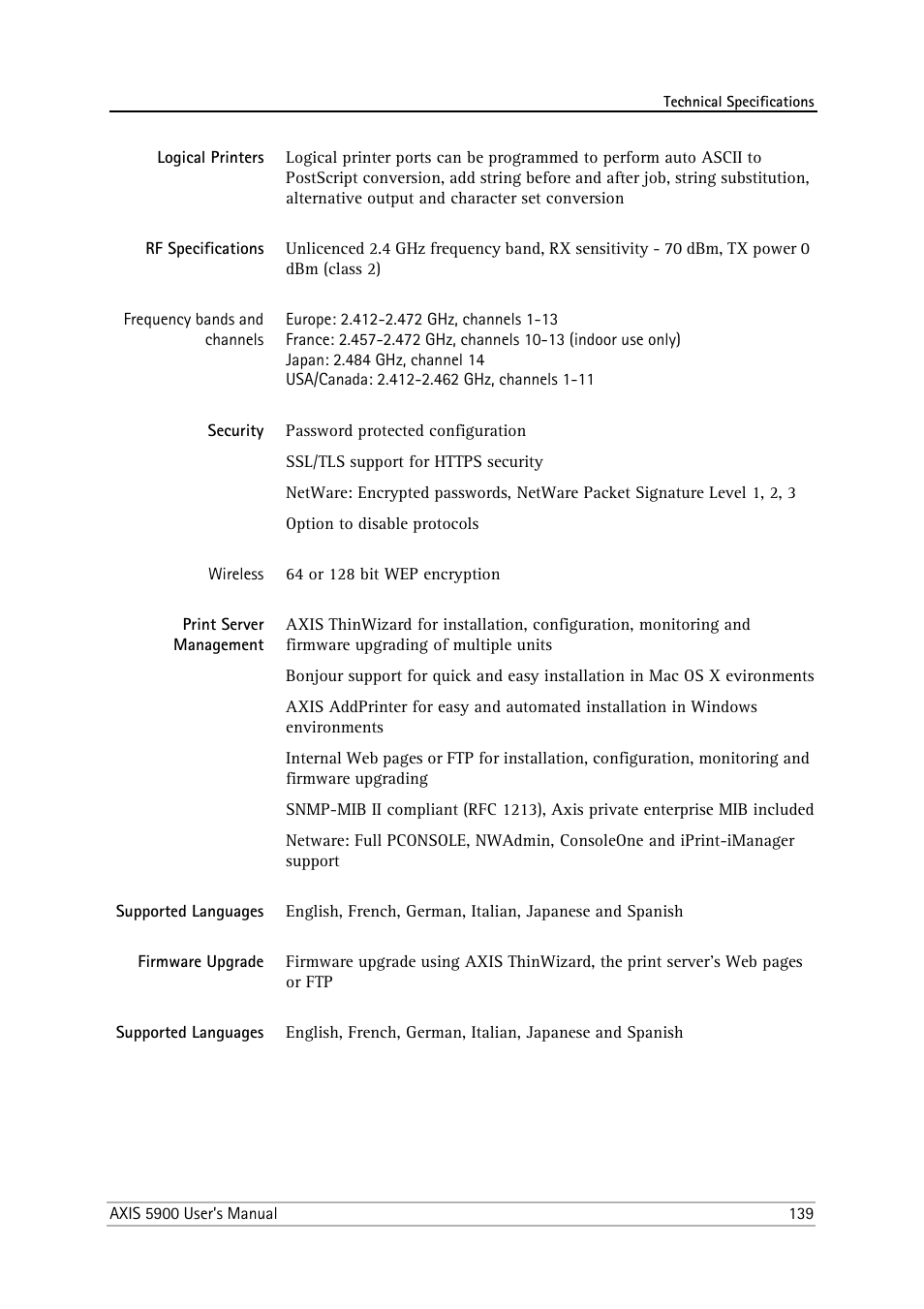 Logical printers, Rf specifications, Security | Print server management, Supported languages, Firmware upgrade | Philips AXIS 5900 User Manual | Page 139 / 160