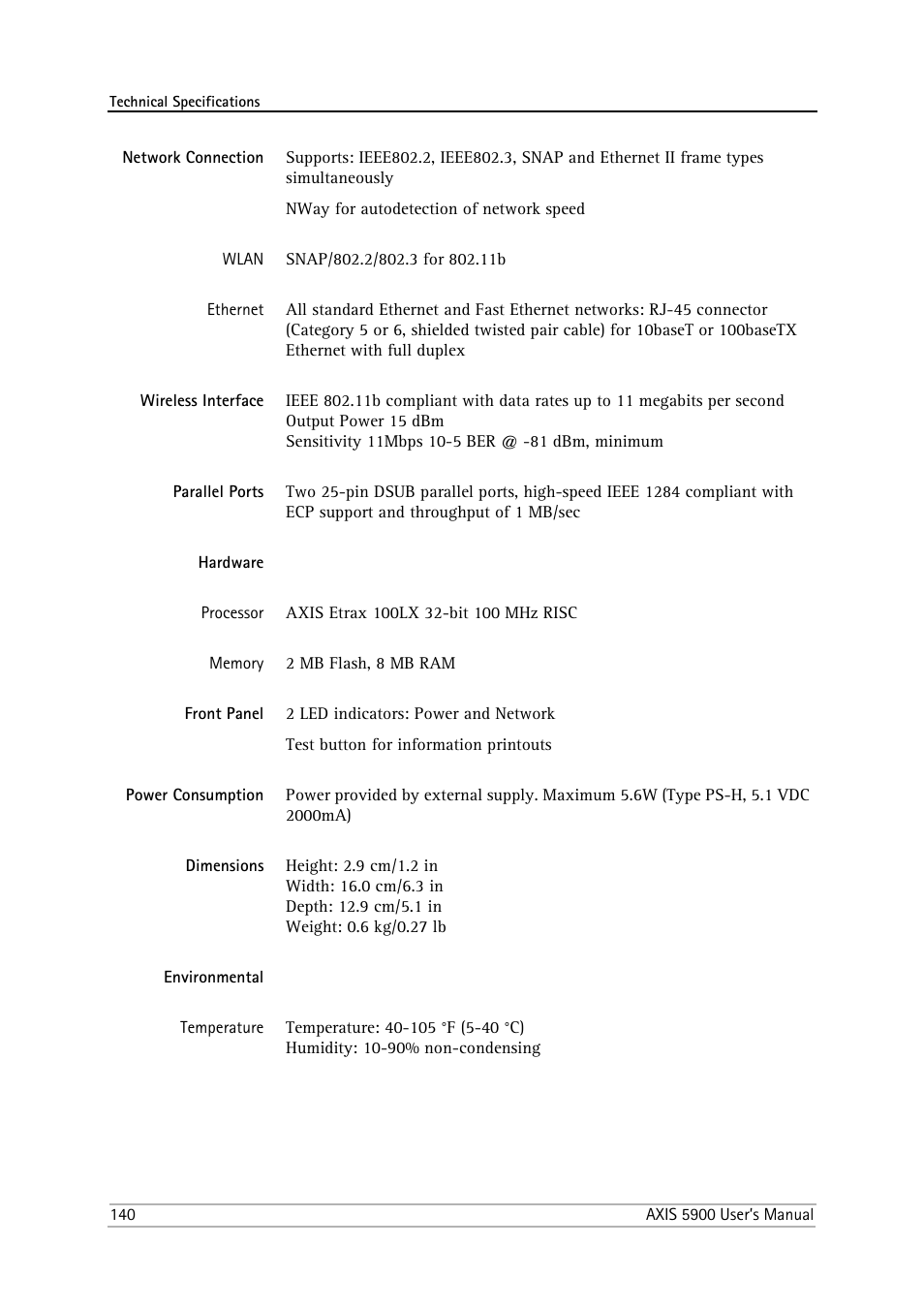 Network connection, Wireless interface, Parallel ports | Hardware, Front panel, Power consumption, Dimensions, Environmental | Philips AXIS 5900 User Manual | Page 140 / 160