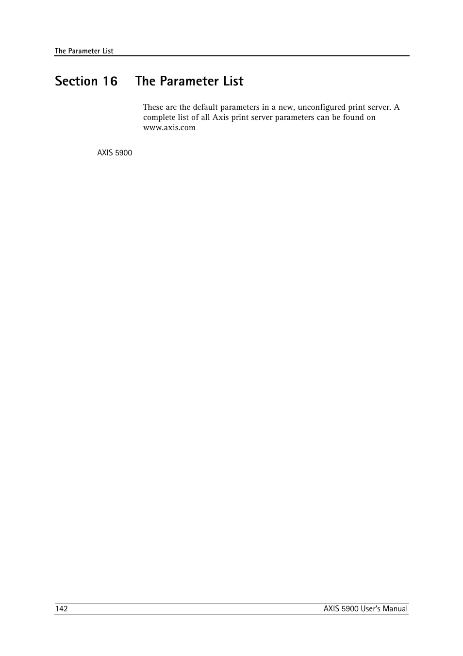 Section 16 the parameter list, Section 16, The parameter list | The parameter, List | Philips AXIS 5900 User Manual | Page 142 / 160