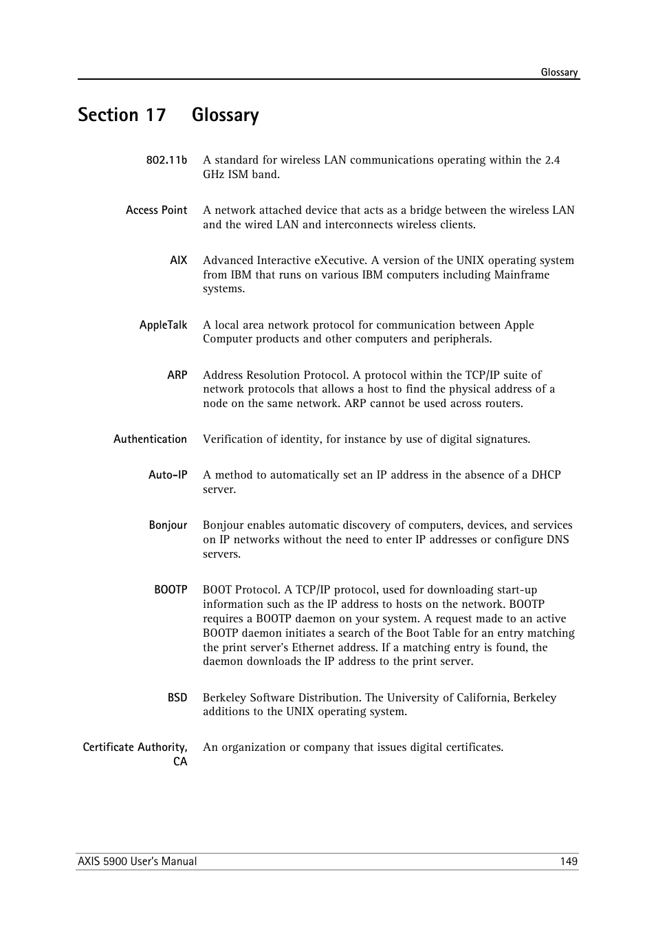 Section 17 glossary, Access point, Appletalk | Authentication, Auto-ip, Bonjour, Bootp, Certificate authority, ca, Section 17, Glossary | Philips AXIS 5900 User Manual | Page 149 / 160