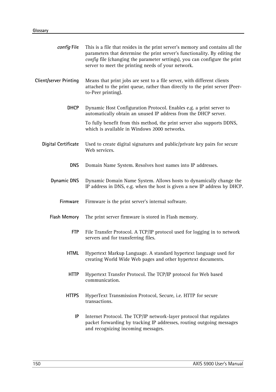 Config file, Client/server printing, Dhcp | Digital certificate, Dynamic dns, Firmware, Flash memory, Html, Http, Https | Philips AXIS 5900 User Manual | Page 150 / 160