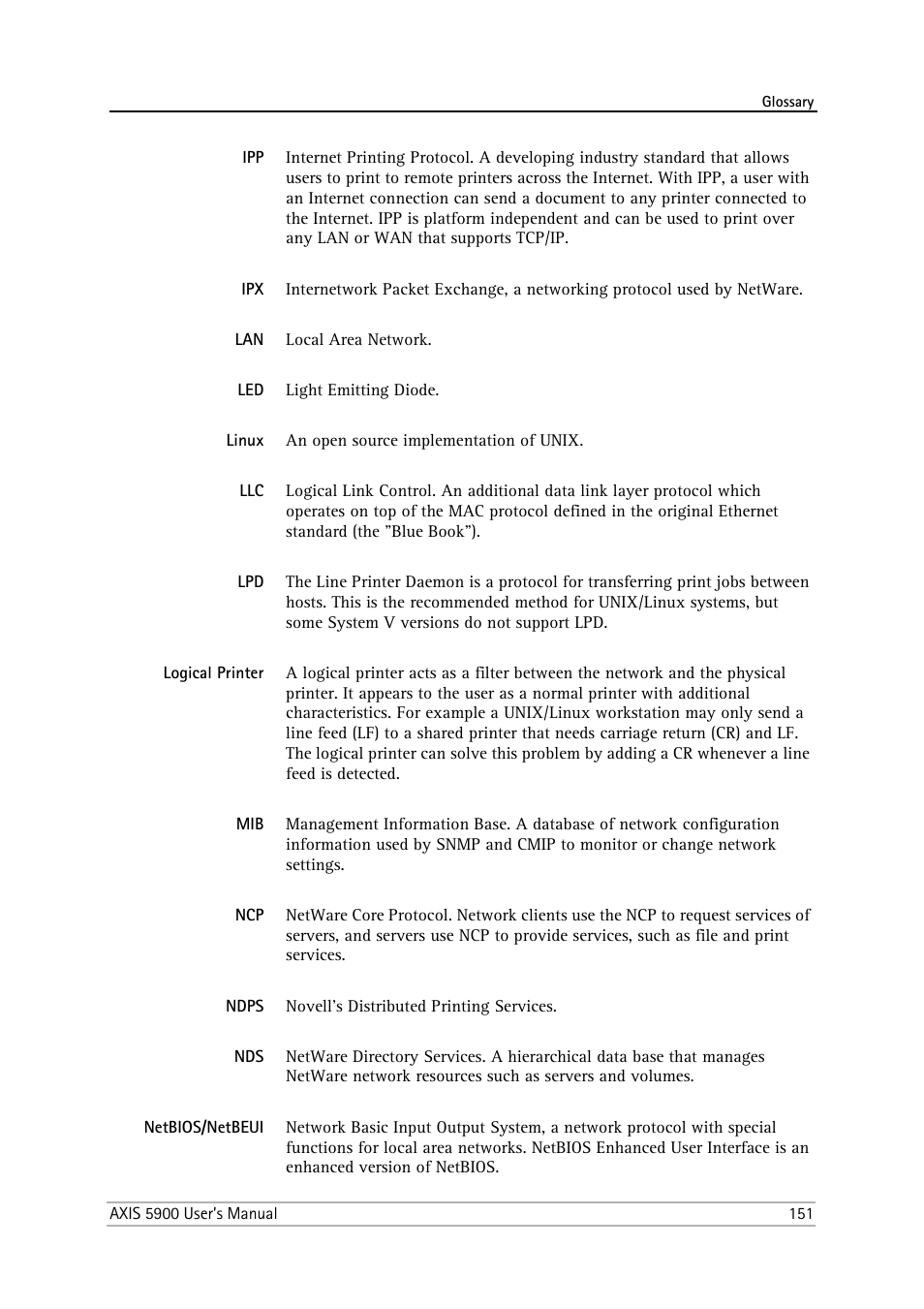 Linux, Logical printer, Ndps | Netbios/netbeui | Philips AXIS 5900 User Manual | Page 151 / 160