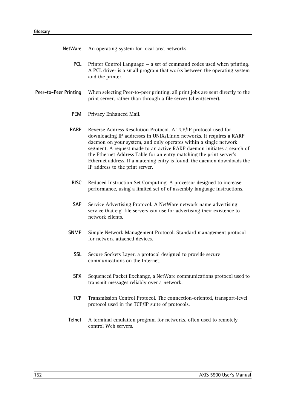 Netware, Peer-to-peer printing, Rarp | Risc, Snmp, Telnet | Philips AXIS 5900 User Manual | Page 152 / 160