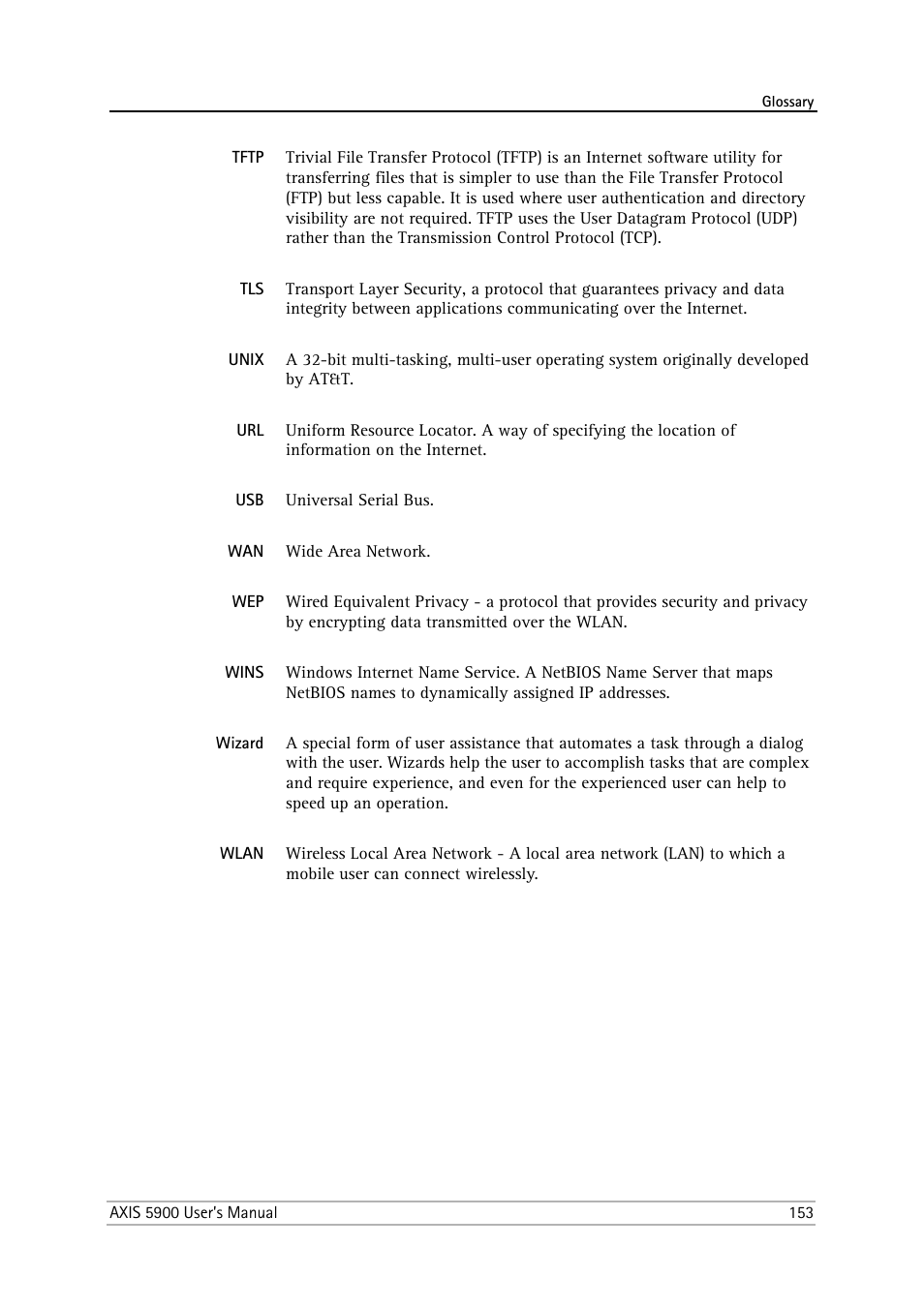 Tftp, Unix, Wins | Wizard, Wlan | Philips AXIS 5900 User Manual | Page 153 / 160