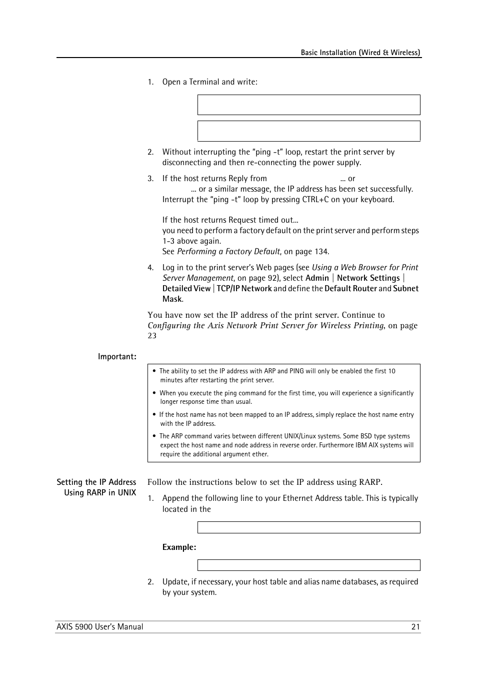 Setting the ip address using rarp in unix | Philips AXIS 5900 User Manual | Page 21 / 160