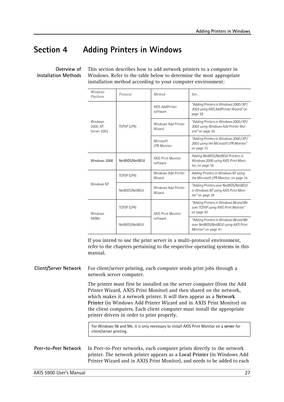 Section 4 adding printers in windows, Overview of installation methods, Client/server network | Peer-to-peer network, Section 4, Adding printers in windows | Philips AXIS 5900 User Manual | Page 27 / 160